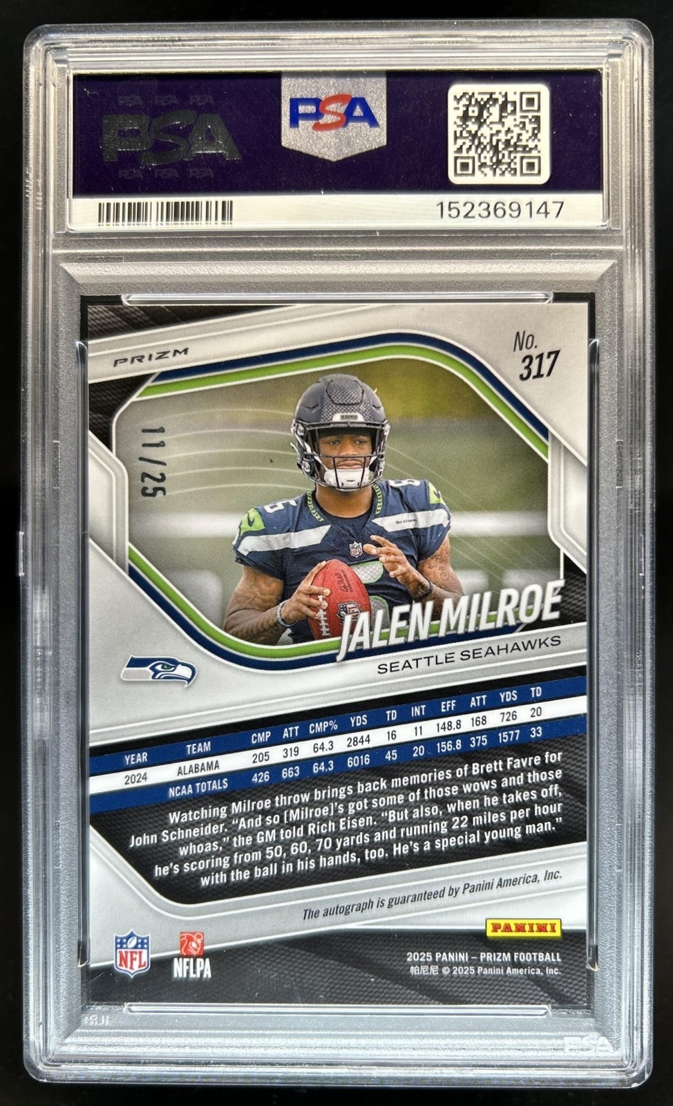 2025 Panini Prizm Jalen Milroe Auto RC Camo #/25 Seahawks PSA 10 GEM MINT Rookie view 2