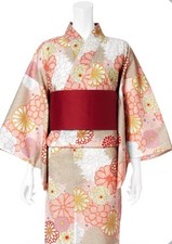 Japanese Yukata Set Women Cotton Kimono Summer Festival Floral Pink Obi Belt