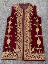 Vintage Traditional Afghan Vest Red Velvet Gold Thread From 1950s Fits M/L