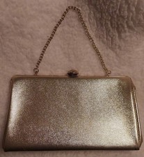 Vtg Metallic Gold Clutch Purse With Chain Or Handheld Clutch W/ Metal Snap Close
