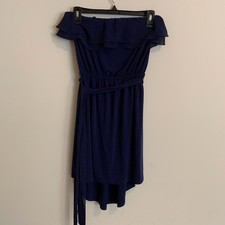 Express Womens Size XS Strapless Dress Blue High Low Belt Ruffle Top Mid Length