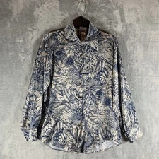 Beulahstyle Women's Button Up Shirt Long Sleeve Satin Blue Floral Tropical M