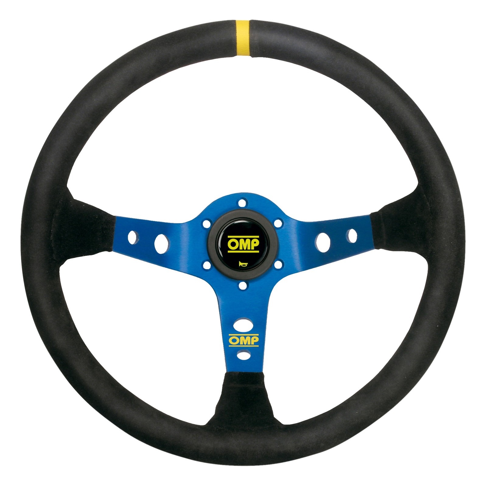 OMP Corsica Competition 350mm Dia Suede Steering Wheel - Blue, Yellow Band