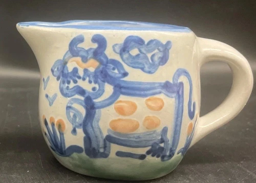 M A Hadley Country Scene Blue Cow Creamer  EUC