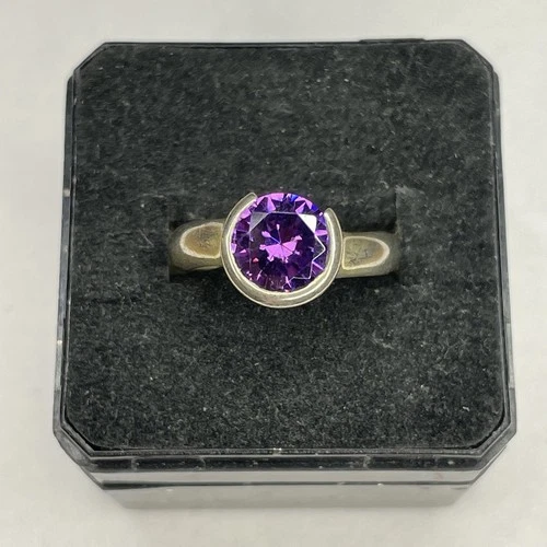 Vintage 925 Sterling Silver Purple Stone Crescent Half Moon Ring 4.1 Grams Sz 6