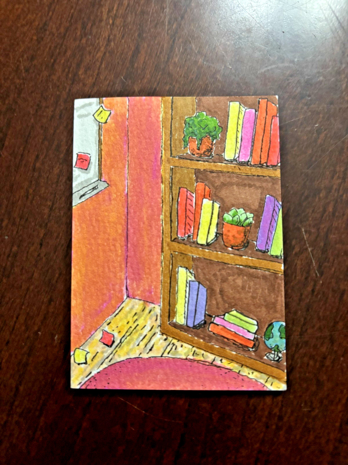 Aceo Original copic marker drawing of Office space/ bookshel