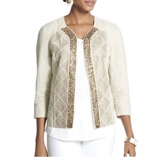 Chicos Artisan Linen Embroidered Beaded Open Front Jacket Beige 3/4 Sleeve 1