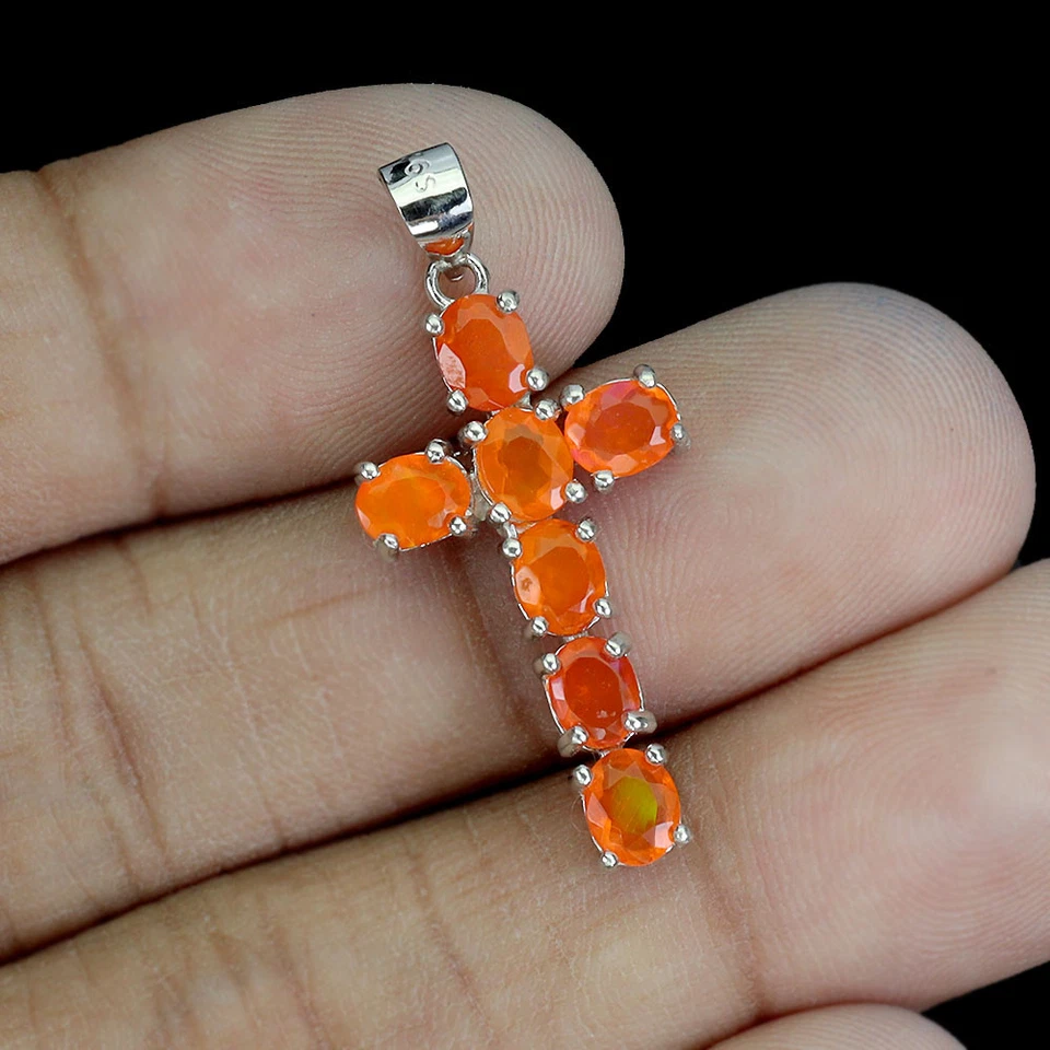 Pendente In Argento Sterling 925 Ovale Con Opale Arancione 5x4mm Croce Gioiello - Immagine 2 di 4