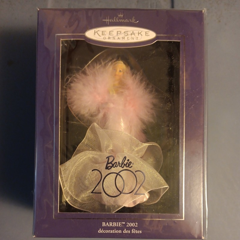 Barbie 2002 Hallmark Keepsake Club Ornament Porcelain Pink Ballgown Feather Boa