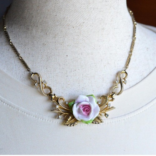 Vintage 1950s Coro Pink Porcelain Rose Lavalier Necklace 15.5", Mid Century