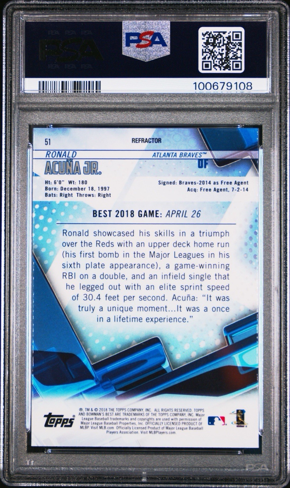 2018 Bowman’s Best RONALD ACUNA JR. #51 Refractor PSA 10 GEM MINT RC Rookie view 2