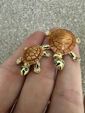 Vintage Turtle Scatter Pins Brooch Mom Baby Green Eyes Brown Shell