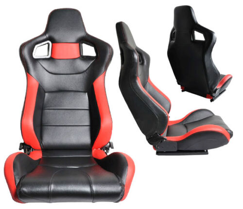 NEW 1 PAIR BLACK & RED PVC LEATHER RECLINABLE RACING SEATS FOR FORD **** - Bild 1 von 3