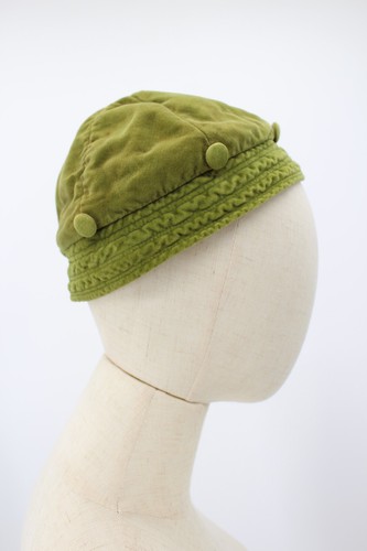 Antique Vintage Hat Womens Small Green Velvet Cloth Fabric Button 1950s - Picture 4 of 9