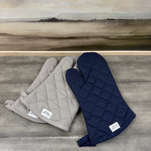 Williams Sonoma Gesteppte Baumwolle Ofenhandschuhe Set/3 Marineblau Grau Punkte Lesen