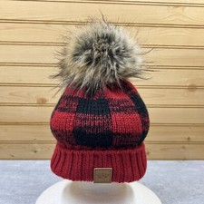 Panache Kids Beanie Hat Red Buffalo Plaid Cuffed Faux Fur Pommy