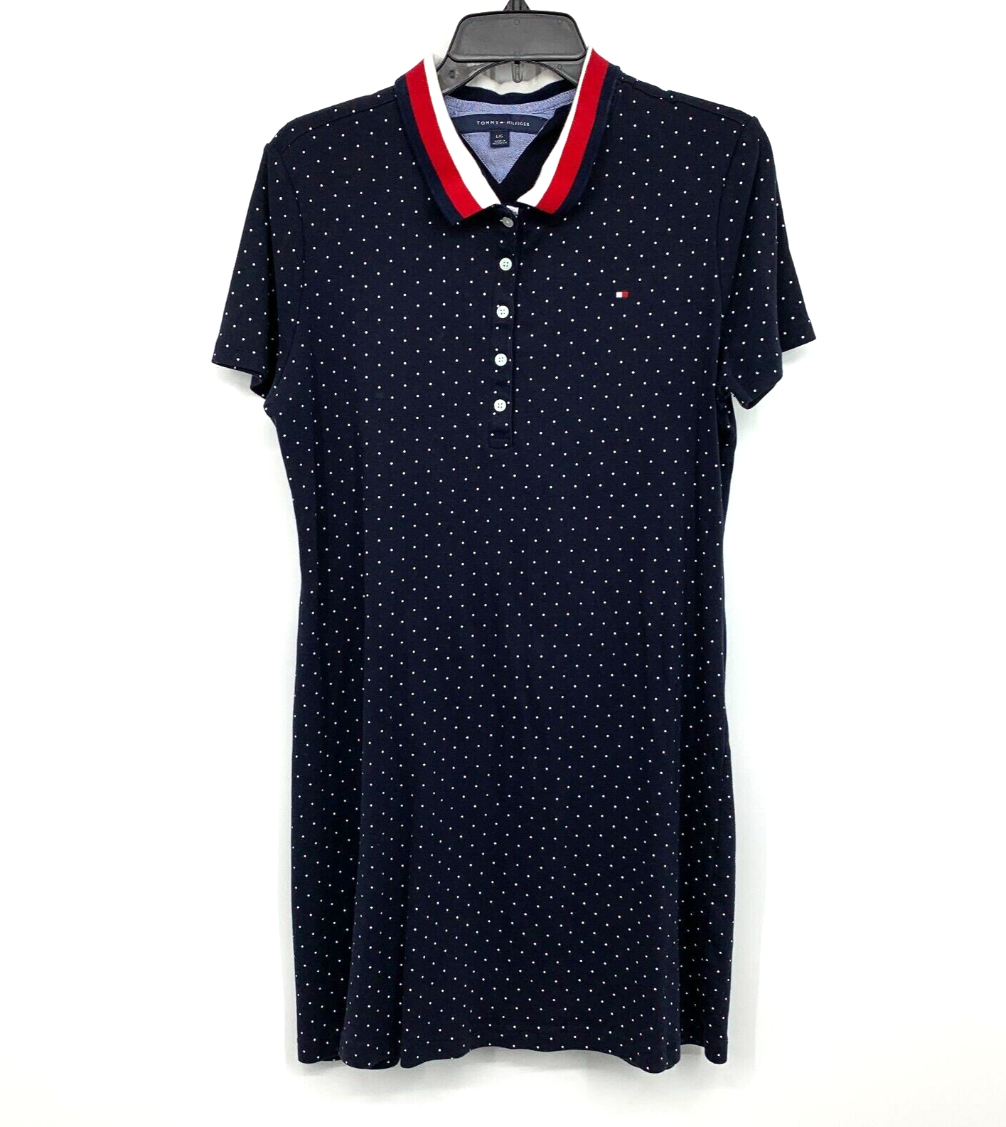 Tommy Hilfiger Womens Large Blue Polka Dot Polo Dress Short Sleeve Button Front