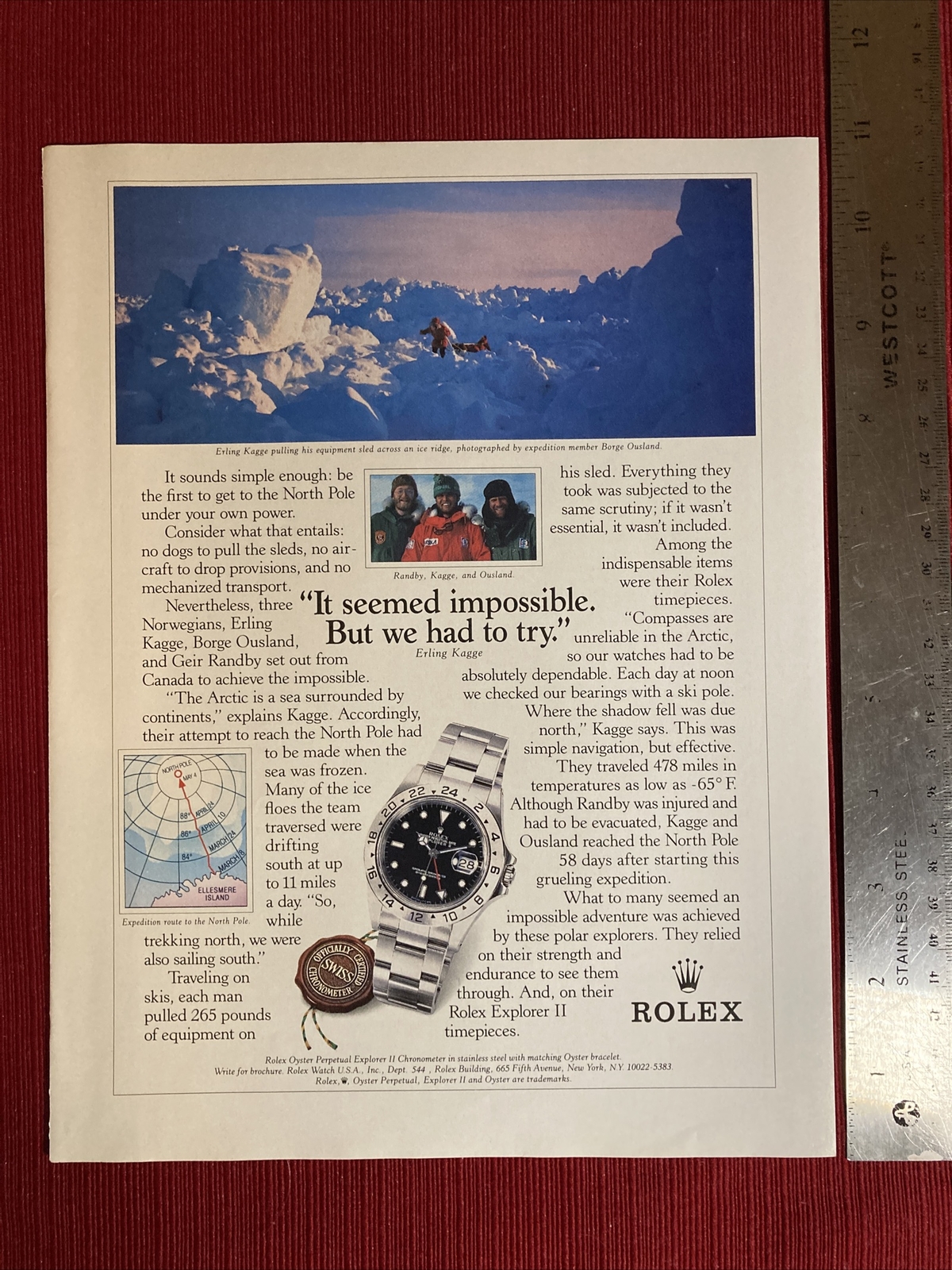 Erling Kagge Reaches North Pole Rolex Watch 1995 Print Ad - Great To frame!