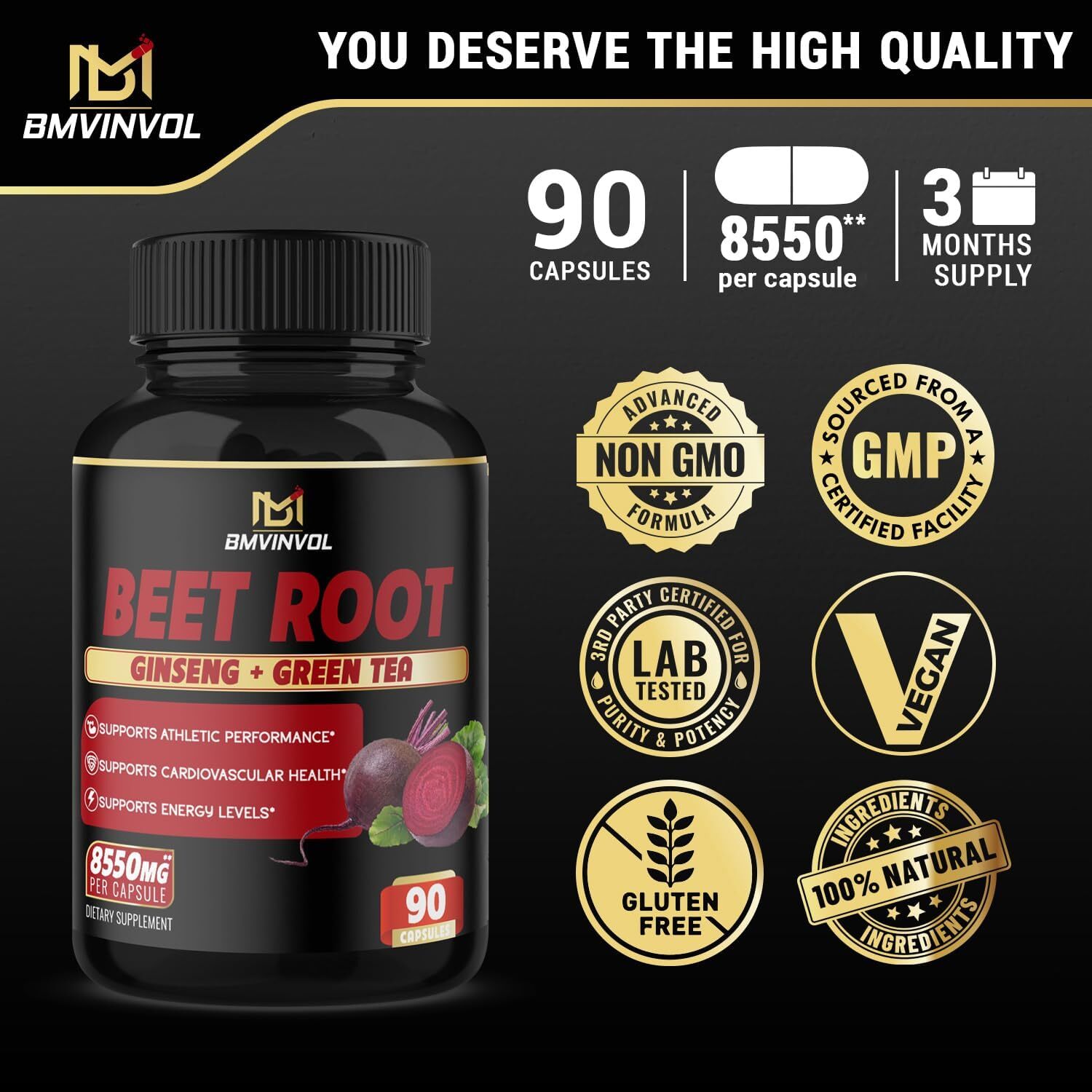 Herbal Supplement Beet Root Green Tea Ginseng Non Gmo 90 Count Capsules