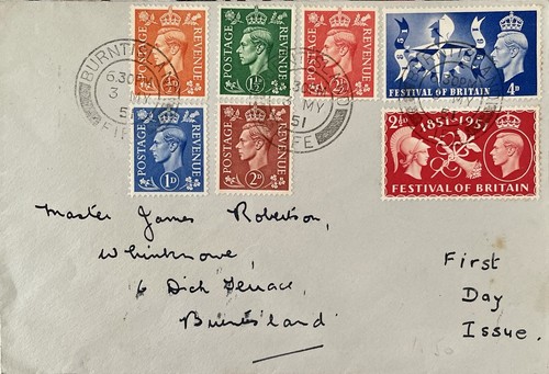 GB KGVI 1951 FDC FESTIVAL OF BRITAIN 07 STAMPS SCOTTISH USAGE BURNTISLAND, FIFE