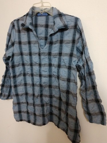 Cut Loose Blue Plaid Crinkle Collar Sleeve Blouse Top Women's Size M Medium - Picture 2 of 6