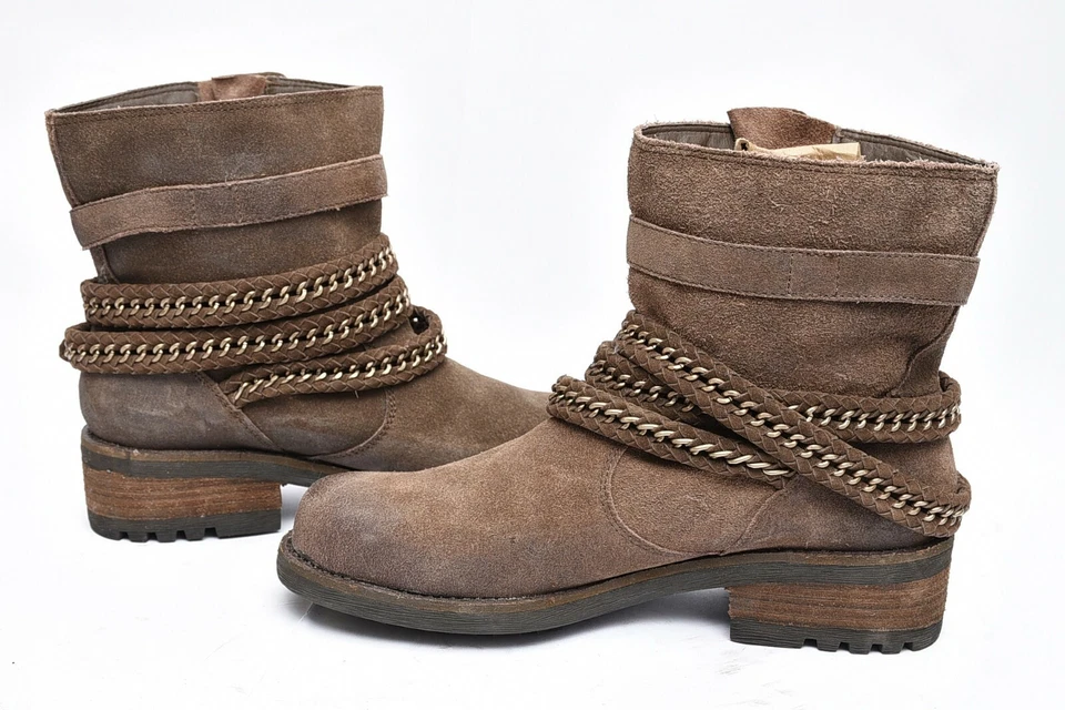 Botines de motociclista Two Lips Beltway para mujer talla 10 gamuza cuero marrón con cinturón Foto 3 de 4