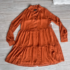 1. STATE Women's Orange Split Neck Long Sleeve Tiered Mini A-Line Dress Medium