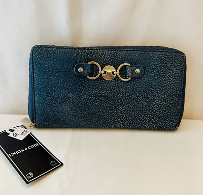 Union Code Indigo Blue Genuine Leather RFID Protected Women s Wallet Clutch NWT