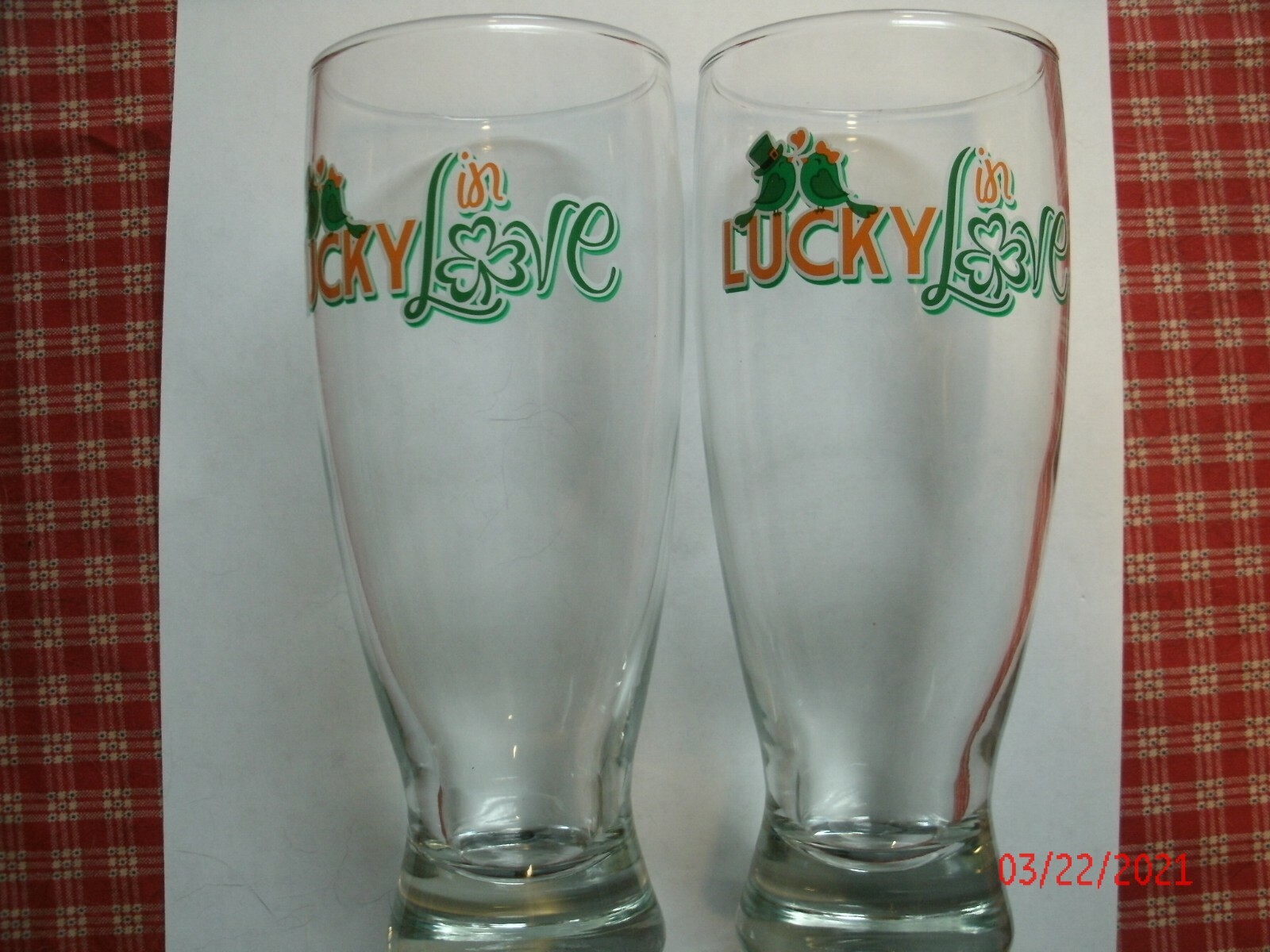 Set OF Lucky In Love Lager Beer Glasses Irish Clover Birds