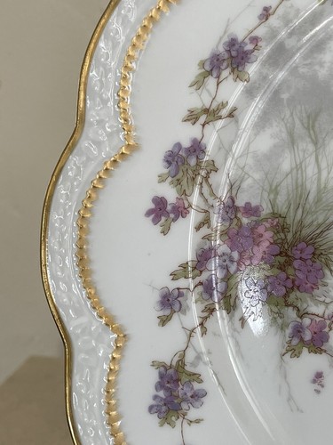 H & C France Haviland Limoges Scalloped Double Gold Plate Purple Flora Set Of 2! - Picture 3 of 11