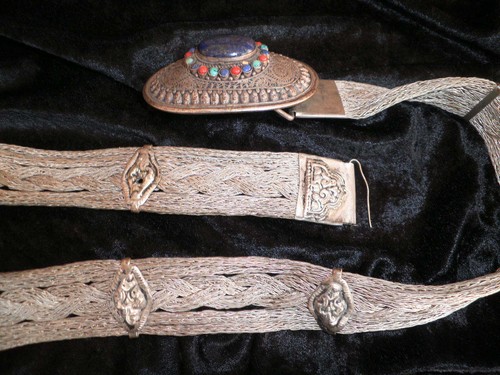 ANTIGUO CINTURON HILO PLATA BAJA? ALPACA? BEREBER GEMAS LAPISLUZI,TURQUESA,CORAL - Imagen 4 de 9