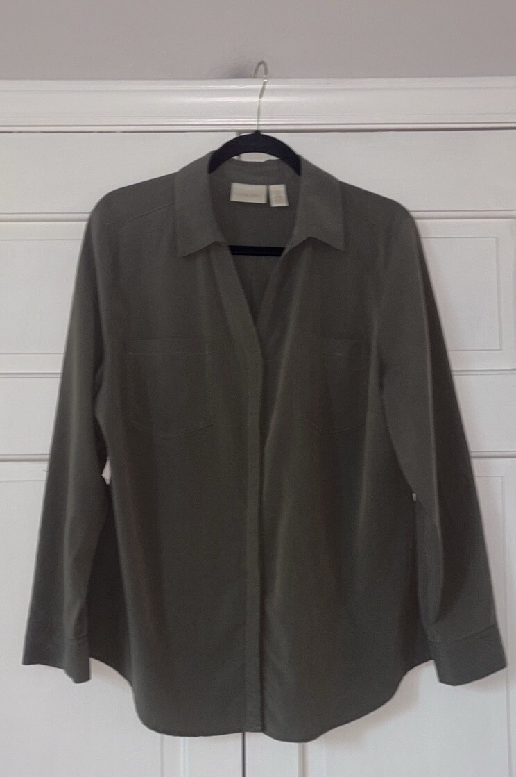 Chico’s Size 2 Olive Solid Hidden Button Down Uti… - image 1