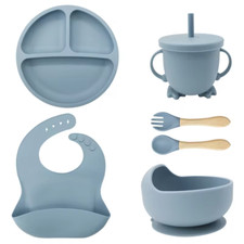 Blau 7 Stück Silikon Baby Fütterungsset - Schüssel, Löffel, Gabel, Tasse, Schale & Lätzchen