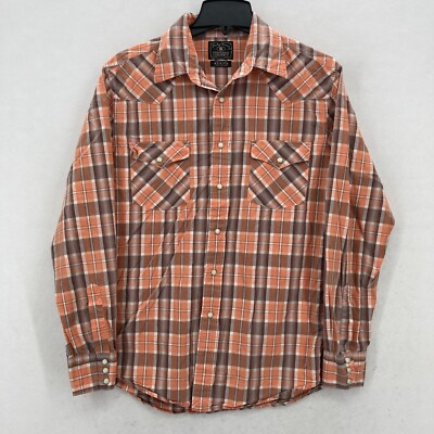 Lucky Brand Pearl Snap Western Shirt Mens Medium Orange Plaid Cowboy Rodeo Y2K