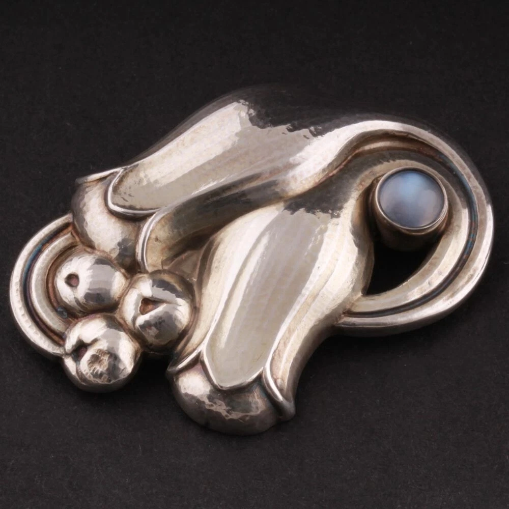 GEORG JENSEN Sterling Brooch # 100B. Moonstone. GJ Himself. DENMARK.