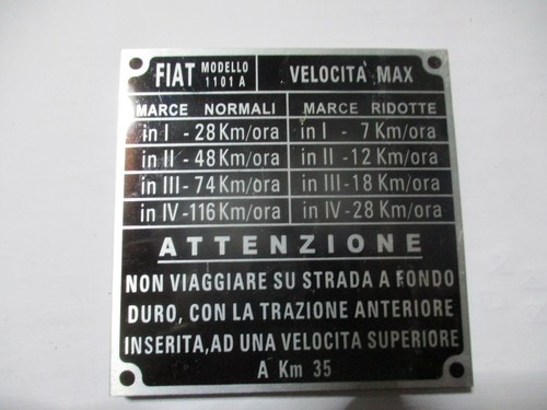 Typenschild FIAT Campagnola AR 51 55 59 1101A Schild s66 s72 Geschwindigkeiten - 第 1/1 張圖片