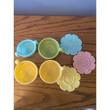 Pastel Plastic Toy Tea Set 4 Cups 3 Flower Saucers Embossed Hearts Butterflies