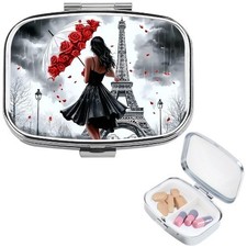 Iron Tower in the Rain Pill Box Case 2 Compartment Pocket Travel Size Organizer