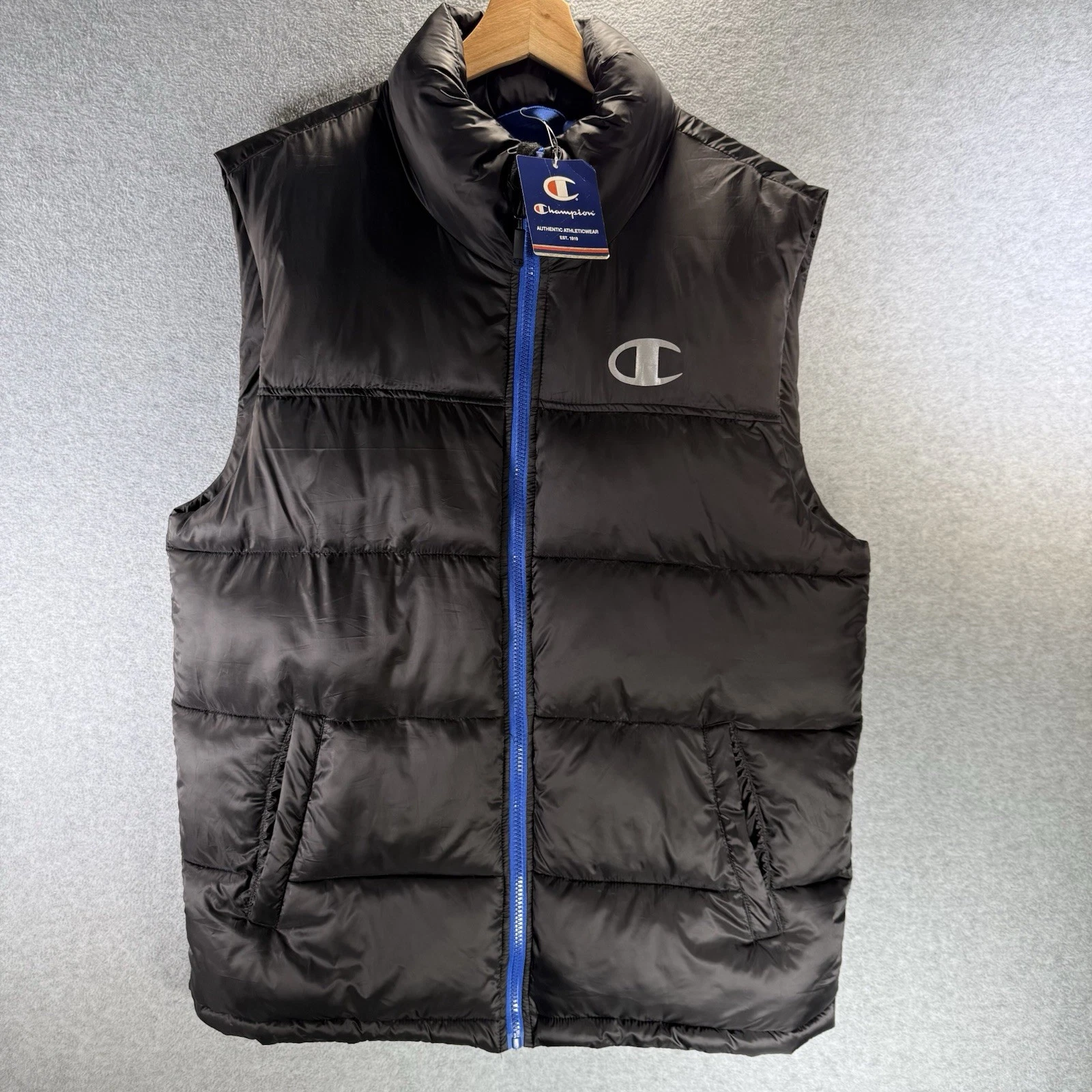Champion Mens Puffer Insulated Vest Black Full Zip Logo Bubble Size Medium