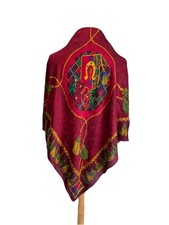 AS4 VTG Italian Silk Scarf Equestrian Horseshoe Tassel Crest Burgundy Foulard