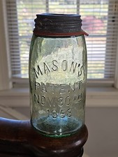Quart green whittled ground lip Mason's 1858 original lid fruit jar canning 1858