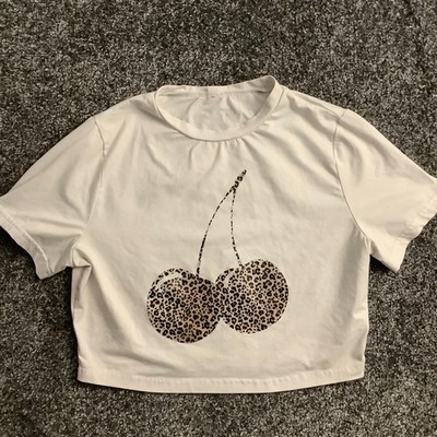 Damen Cropped Top Leopard Kirschmuster Größe L 100% Polyester Weiß Freizeit Top
