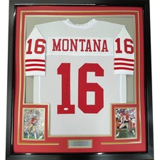 Framed Autographed/Signed Joe Montana 33x42 San Francisco White Jersey JSA COA