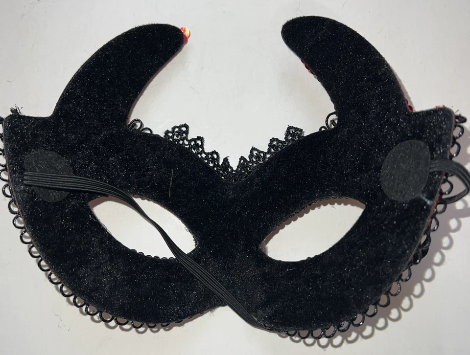 Masquerade Sequin Lace Devil Face Mask Red & Black Shiny Bling Halloween Party - Image 4 of 4
