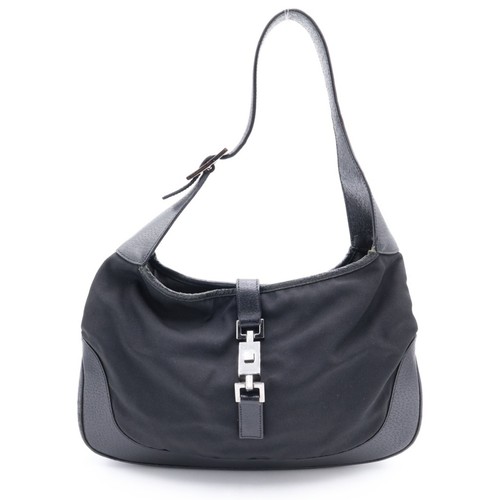 Gucci Jackie One Shoulder Handbag Black Canvas X Leather 001 & 3306 Silver Used