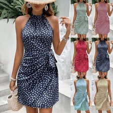 UK Womens Summer Beach Boho Dresses Holiday Dots Halter Neck Mini Sun Dress Size