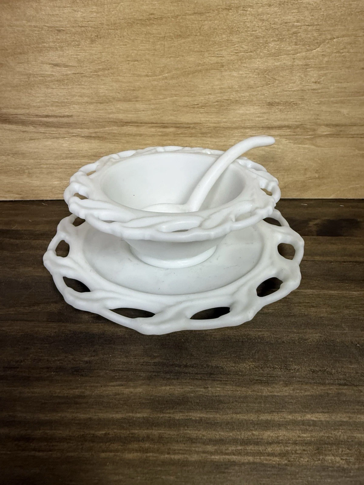 Vintage Milk Glass Open Lace Condiment Bowl Dish Set w/ Ladle Westmoreland Style