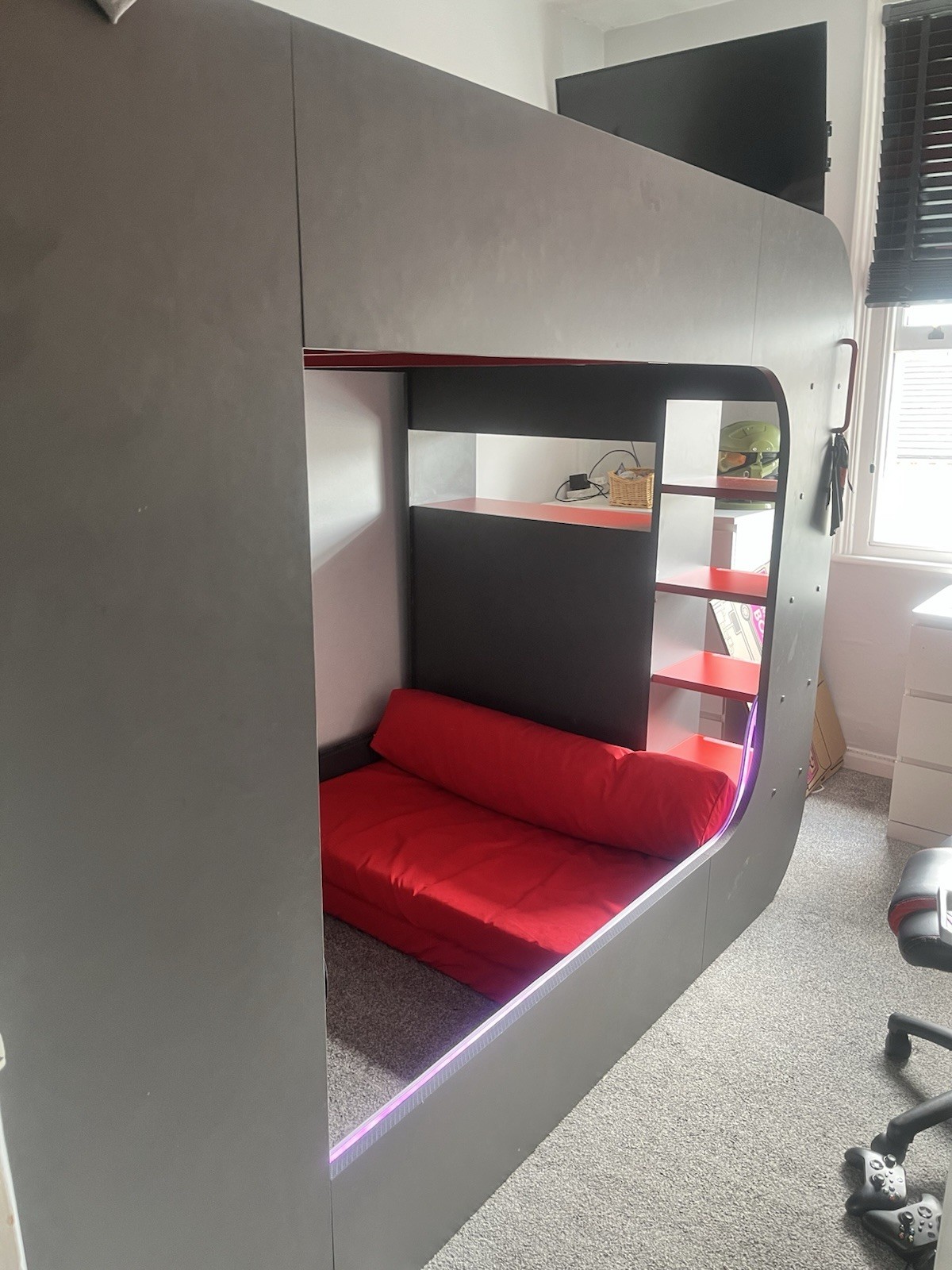 PodBed High Sleeper Gaming Bed with Sofa Bed, Built-In Desk & Open Wardrobe 9 Gaming Pod Bed – Small Double High Sleeper with Desk, Shelves & LED Lights