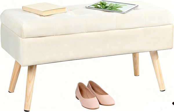 Sitzbank Mit Stauraum 80X35X43 Cm Samt Polsterbank FüR Flur Wohnzimmer Beige-image