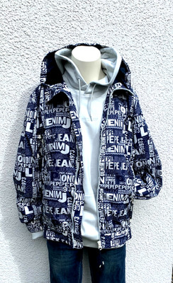 PEPE JEANS London Unisex Label Print Bomber Wind Jacke + Kapuze blau weiss Gr.M
